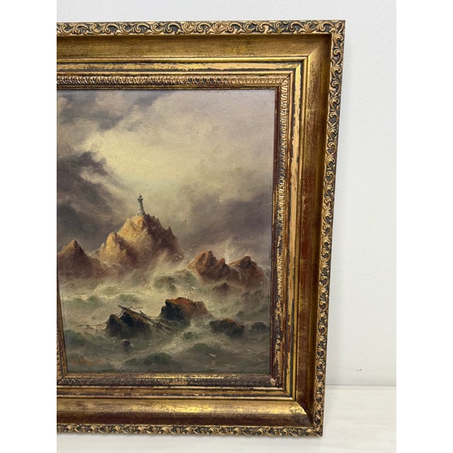 Wood Sarah Louisa Kilpack (1839–1909) | La Corbière Lighthouse, Jersey | Dramatic Victorian Marine Oil on Board, c.1880 For Sale - Image 7 of 18