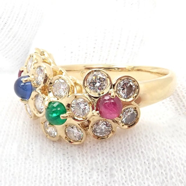 Late 20th Century Rare Christian Dior Yellow Gold Ruby Emerald Sapphire Diamond Flower Ring, Size 5.75 For Sale - Image 9 of 14