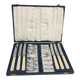 Early 20th Century Antique Sheffield Presentation Knife & Spoon Set With Case - 14 Pieces For Sale