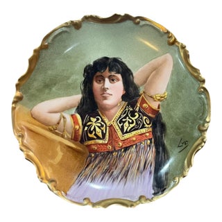 Early 20th-Century French Limoges Hand-Painted Portrait Plate – Bohemian Orientalist Woman, Artist Signed “Luc,” Ca. 1906-1920 For Sale
