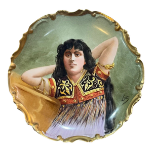 Early 20th-Century French Limoges Hand-Painted Portrait Plate – Bohemian Orientalist Woman, Artist Signed “Luc,” Ca. 1906-1920