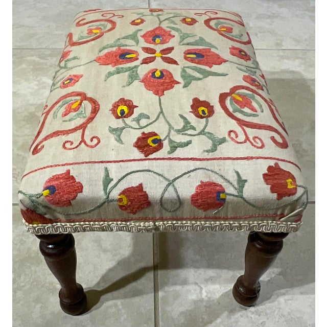 Contemporary Antique Suzani Embroidered Footstool – Silk Hand-Stitched Needlepoint For Sale - Image 3 of 14