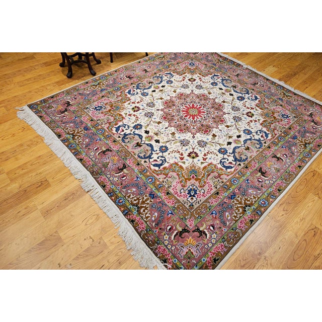 19th Century Vintage Persian Tabriz Square Area Rug, Hand-Knotted Wool & Silk, Fine Medallion Floral Pattern, Ivory & Pale Pink, 7x7 For Sale - Image 5 of 16