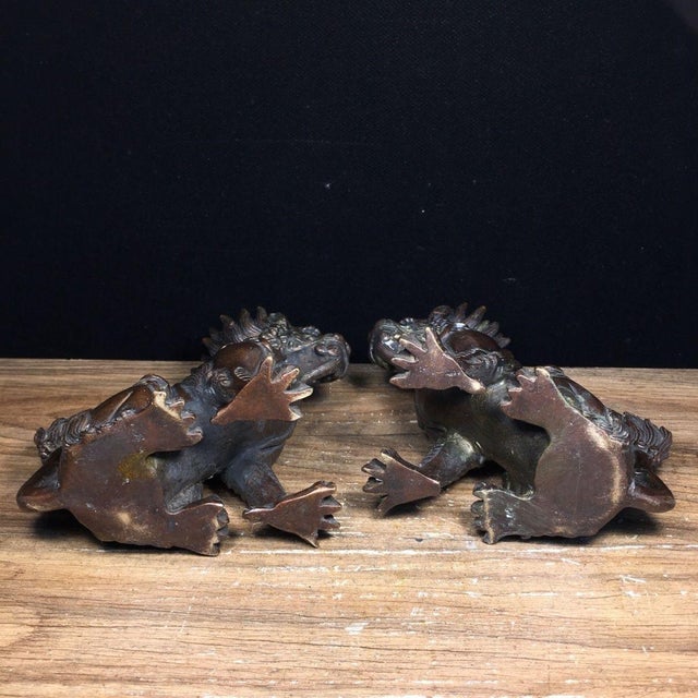 Pair of Vintage Bronze Xiezhi Mythical Guardian Beast Statues For Sale - Image 4 of 6