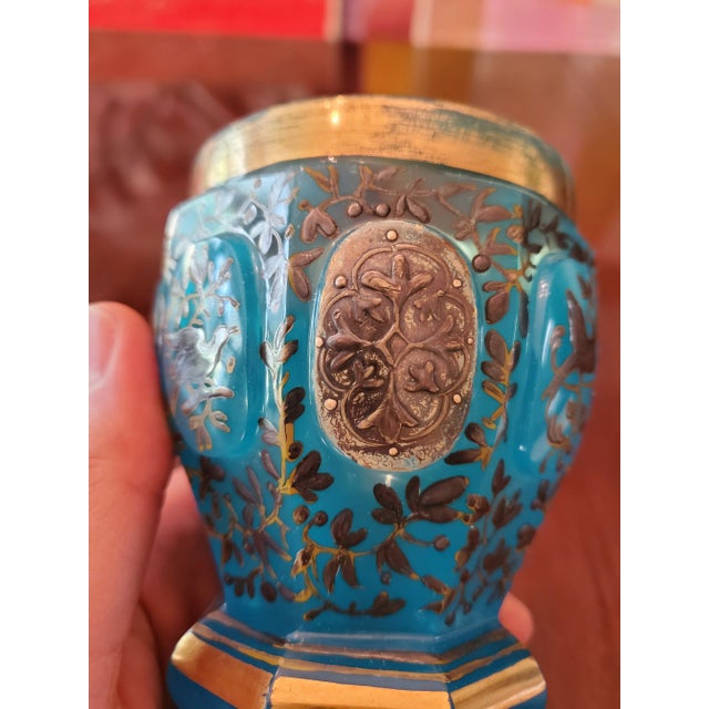 Art Nouveau Antique Bohemian Glass Opaline Turquoise Enamel Goblet For Sale - Image 3 of 7