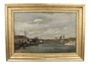 Oil on Canvas Painting of a Harbour and Dock Marine Scene by Seymour Remenick