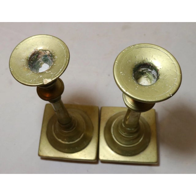 18th Century Rare Pair Primitive Antique 18th Century Turned Brass Candlestick Candle Holder For Sale - Image 5 of 11