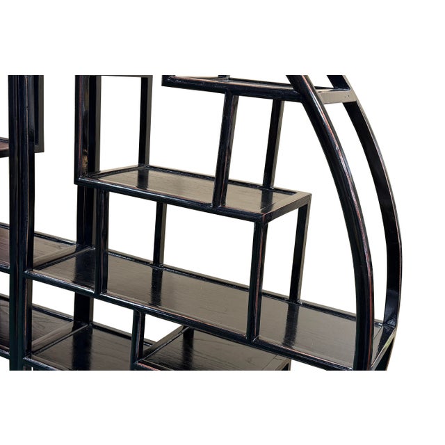 Black Lacquer Moon Gate Round Shelves Wood Display Curio Cabinet Room Divider For Sale - Image 11 of 12