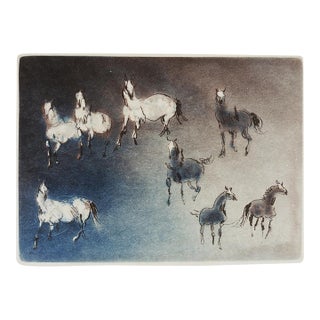 Kaiko Moti Signed Mid-Century Modern Blue Horses Aquatint Etching For Sale