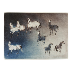 Late 20th Century Blue Kaiko Moti Horses Aquatint Etching