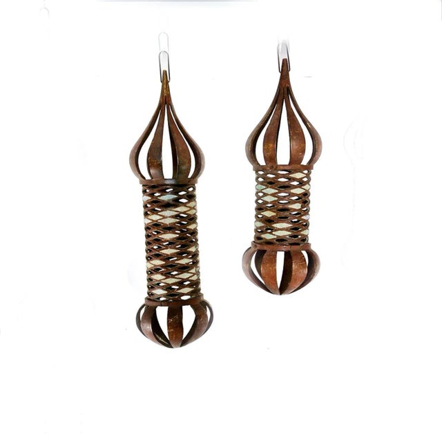 AMBIANIC presents Pair of Pepe Mendoza Pendant Lamps Mexico circa 1950s. Bronze with malachite stone Lamps were exposed to...