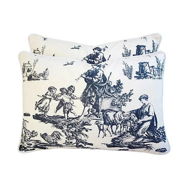 Custom Tailored Romantic French Toile Feather/Down Pillows 23" x 16" - A Pair For Sale - Image 11 of 12