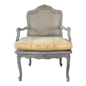 Vintage Minton-Spidell Louis XV Cane Fauteuil in Old Grey Finish