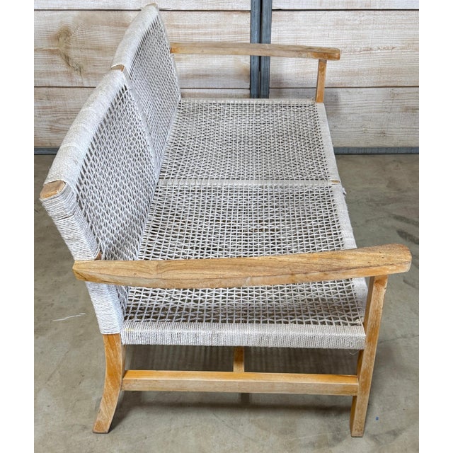 Boho Danish Modern Bleached/ Weathered Teak & Woven Rope Settee For Sale - Image 16 of 18