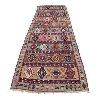 1970s Turkish Tribal Style Geometric Design Multicolor Hand Knotted Oushak Kilim Runner Rug For Sale