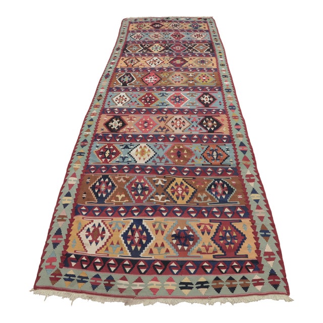 1970s Turkish Tribal Style Geometric Design Multicolor Hand Knotted Oushak Kilim Runner Rug For Sale