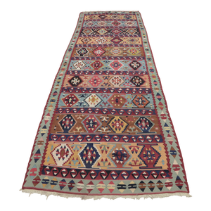 1970s Turkish Tribal Style Geometric Design Multicolor Hand Knotted Oushak Kilim Runner Rug