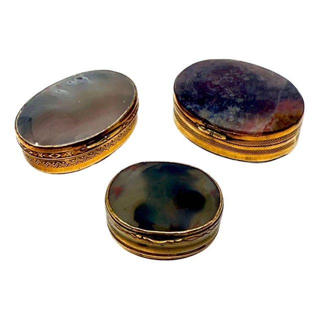 19th Century Set of 3 Victorian Snuff or Trinket Boxes Brass with Agate For Sale