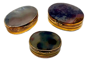 19th Century Set of 3 Victorian Snuff or Trinket Boxes Brass with Agate
