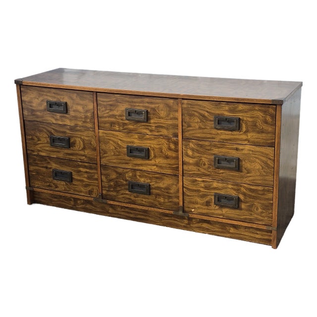 1970s Campaign Style Laminate 9-Drawer Dresser W/ Brass Hardware For Sale