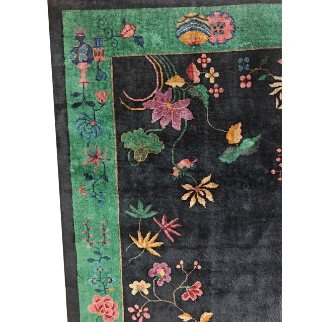 1920s Navy Blue Antique Floral Vase Modern Chinese Classic European Art Deco Rug For Sale - Image 4 of 6
