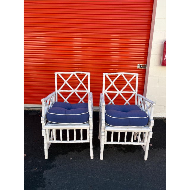 Chippendale Pair of White Faux Bamboo Chippendale Armchairs With Blue Cushions For Sale - Image 3 of 8