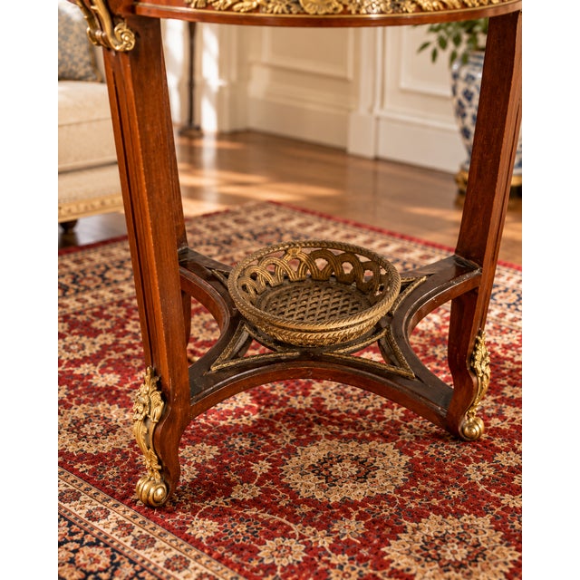 French Old World Elegance | Antique French-Style Marquetry Guéridon Table With Brass Mounts and Decorative Basket For Sale - Image 3 of 10