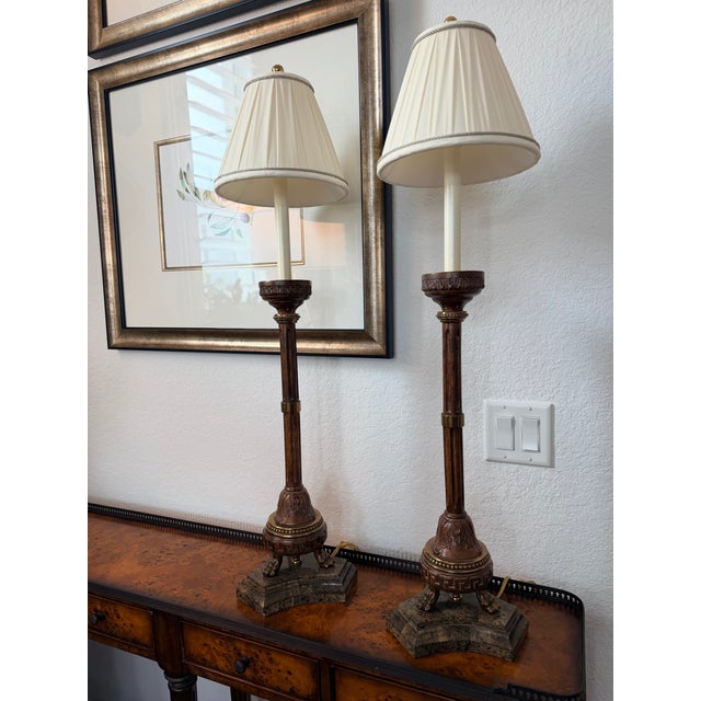 2000 - 2009 Pair of Maitland-Smith Candlestick-Form Table Lamps With Original Shades Harp and Finials For Sale - Image 5 of 14