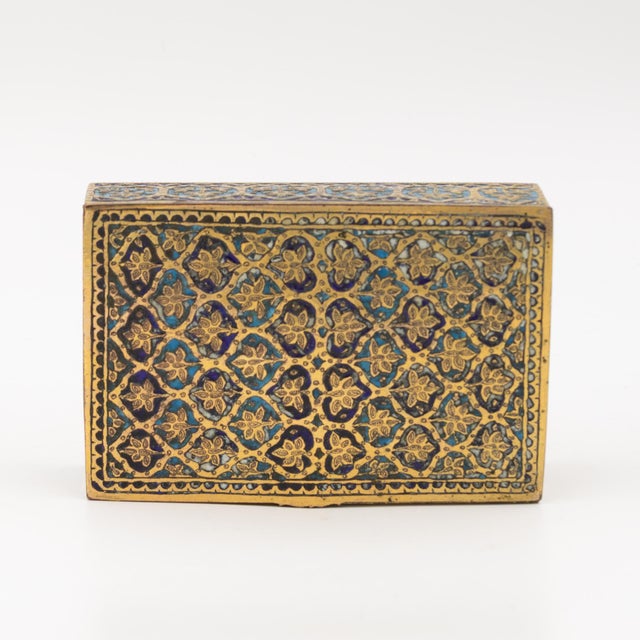 1900s Gilt Brass and Blue Enamel Cigarette Box With Floral and Geometric Decoration For Sale - Image 4 of 6