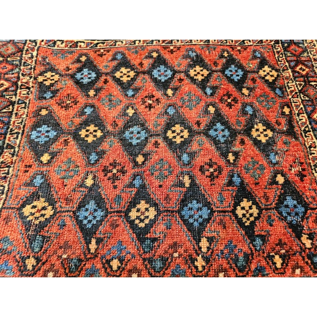 19th Century Vintage Persian Kurdish Saddlebag Bagface Tribal Rug, Hand-Knotted Wool, Geometric Pattern, Burgundy & Navy, 2x2 For Sale - Image 5 of 10
