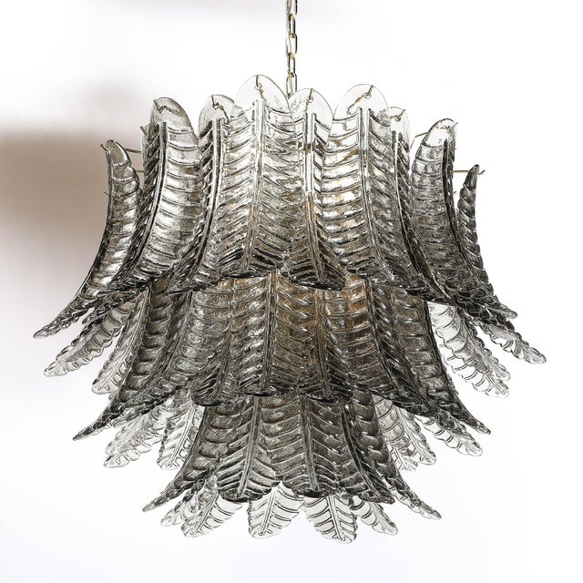 Modern Modernist Hand-Blown Smoked Gray Murano Glass 3-Tier Reeded Feather Chandelier For Sale - Image 3 of 18