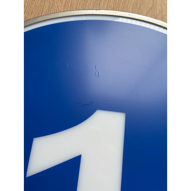 Vintage Illuminated Sign Lenses, Backlit Drive-Thru / Gas Station Pump Island Number Signs, 17-Inch Round Metal & Acrylic Signs (Pair #1 & #2) For Sale - Image 4 of 10
