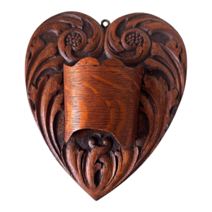 Vintage Early 20th Century Carved Oak Heart Shaped Wall Hanging Whisk Broom Holder