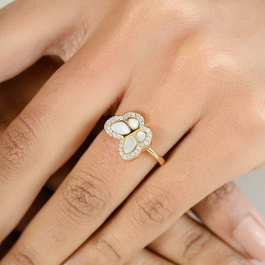 Mother of Pearl Butterfly Ring with Diamonds Girlfriend Gift in 14K Gold featuring natural pearl of 0.9 carats and...