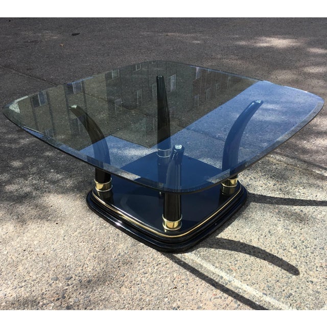 Black Mid 20th Century Postmodern Faux Elephant Tusk Glass Top Coffee Table in Black Lacquer Manner of Henredon For Sale - Image 8 of 13