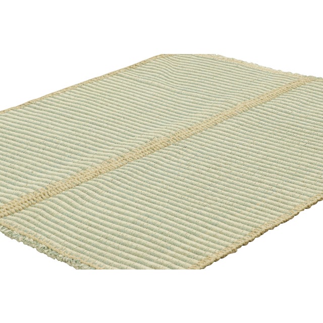 Rug & Kilim Rug & Kilim’s Contemporary Kilim in Ivory White and Blue Textural Stripes For Sale - Image 4 of 7