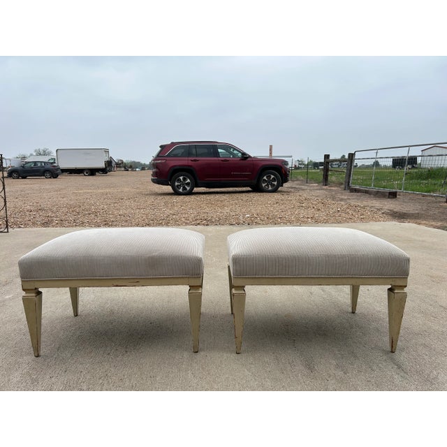 Pair Of French Louis XVI Style Benches. Offered is a great pair of French Louis XVI style distressed painted benches or...