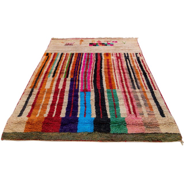 Abstract Vintage Beni Ourain Moroccan Handmade Multicolor Designed Beige Wool Rug For Sale - Image 3 of 12