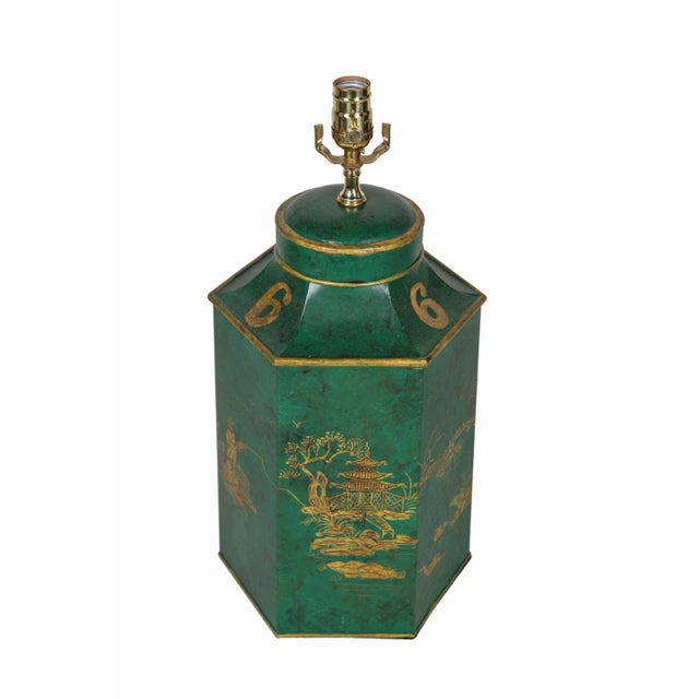 Vintage English Export Hexagonal Tea Caddy, This lamp is a very typical European Chinoiserie art form from the 17th to...