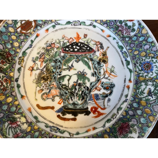 Ceramic Antique 19th Century Chinese Export Porcelain Famille Rose Plates Decorated With Vases and Precious Objects - a Pair For Sale - Image 7 of 10