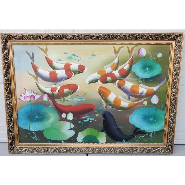 Vintage Koi Fish Painting Framed Oil on Board For Sale In San Diego - Image 6 of 12