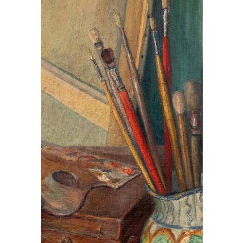 Michel Portnoff, Still Life with Palette and Brushes, Oil Painting on Canvas, 20th Century For Sale - Image 5 of 9