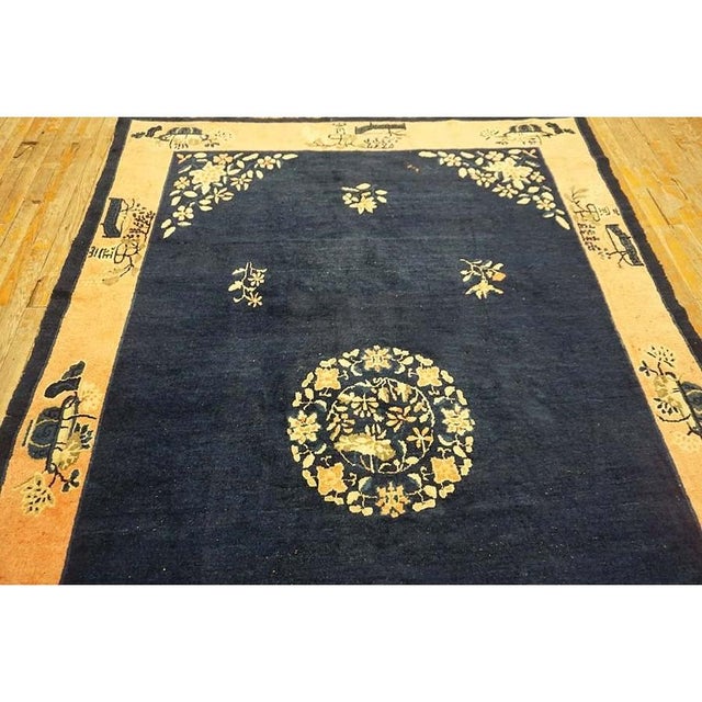 1920s Antique Blue Field Vase Medallion Wool Knotted Peking Runner Small Rug For Sale - Image 9 of 11