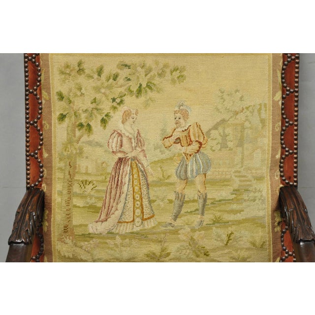 Antique French Louis XIV Style Needlepoint Tapestry Carved Walnut Arm Chair Pair For Sale In Philadelphia - Image 6 of 18