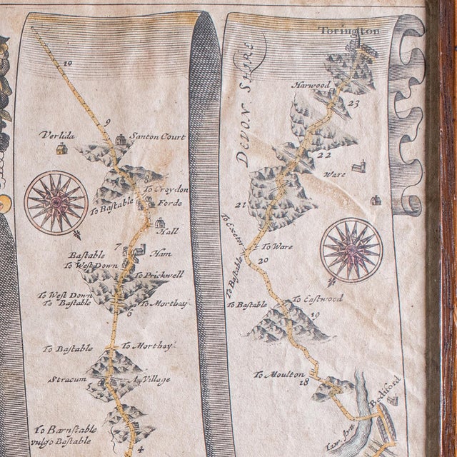 Antique Coaching Road Map, Exeter to Barnstable, English, Framed, Ogilby, c.1700 For Sale - Image 10 of 11