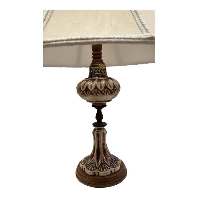 Vintage Hollywood Regency Pottery Ceramic Table Lamp Brass Wood 24" Brown For Sale