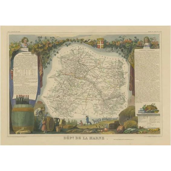 Antique Map of the Department of Marne For Sale