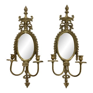 Vintage Mid 20th Century Brass Mirrored Wall Sconces in Classical Empire Design - a Pair For Sale