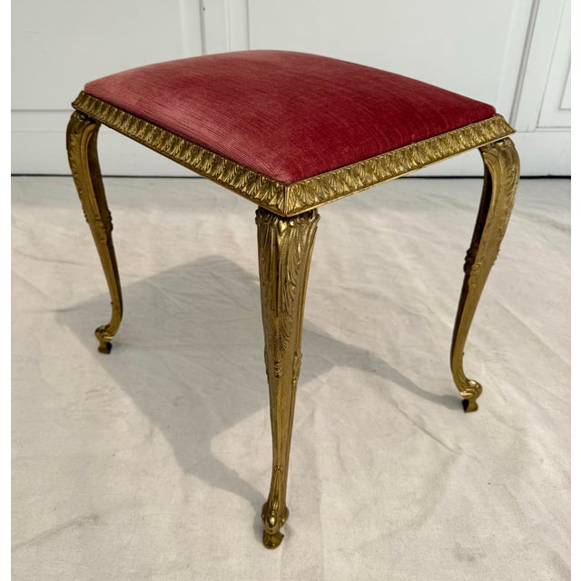 Louis XVI Rocco Style Brass Cabriole Leg Pink Upholstered Vanity Bench Stool For Sale - Image 9 of 12