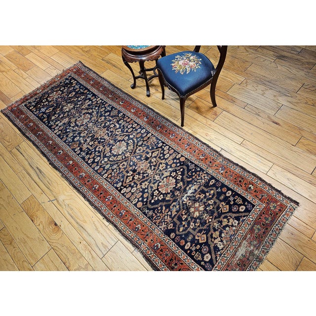 Persian Antique Persian Farahan Sarouk Runner, Hand-Knotted Wool, All-Over Geometric Pattern, Navy & Rust, 4x10 For Sale - Image 3 of 16